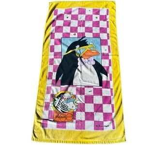 VTG 90s Seaside Zoo Checkered Beach Towel A La Carte Saydah Surf Penguin Zebra